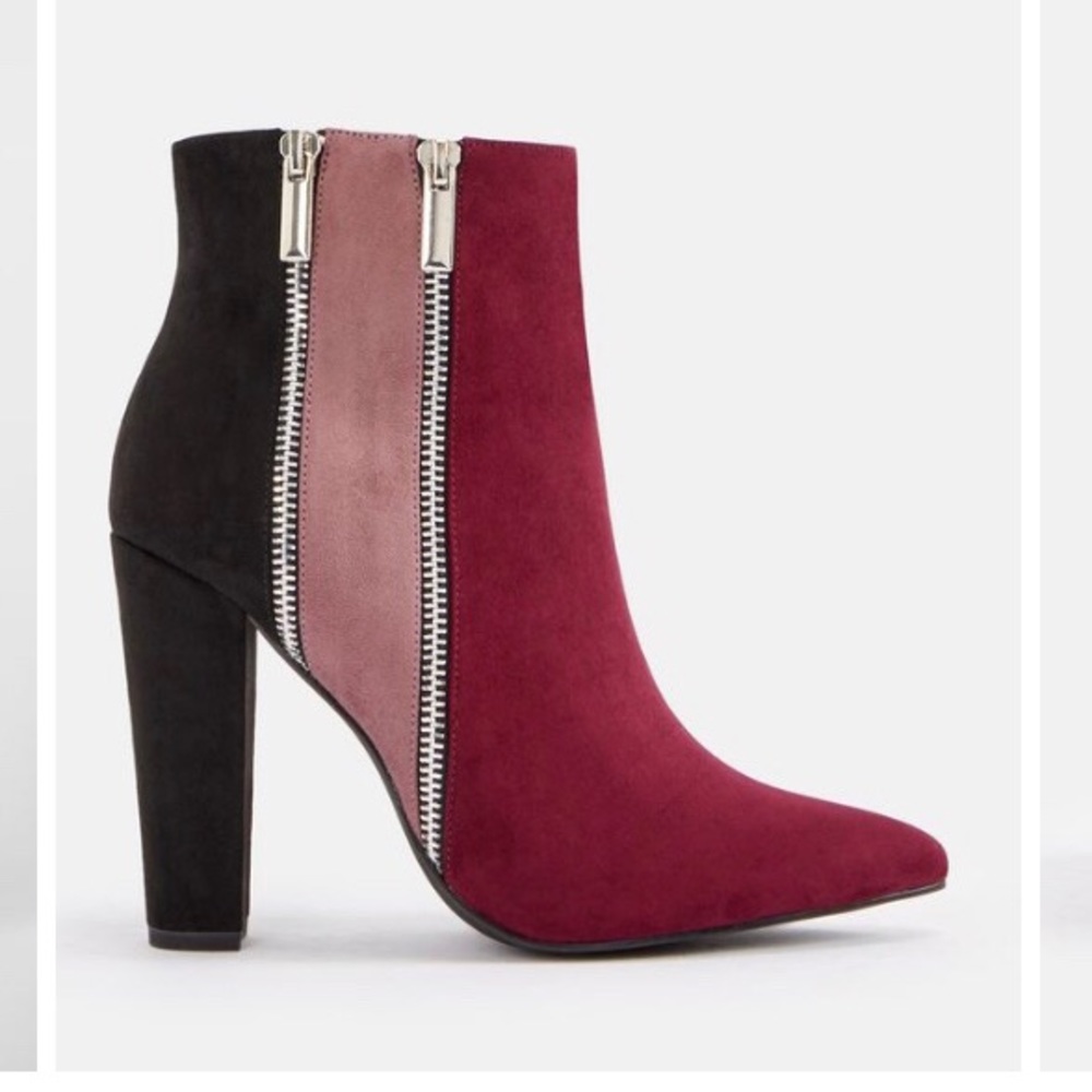 JustFab Burgundy, Blush & Black Suede Block Heel Ankle Boots